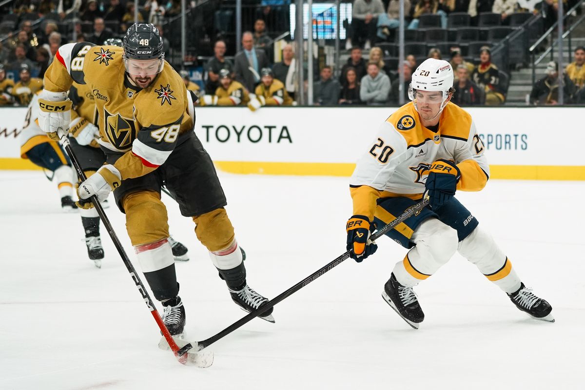 Vegas Golden Knights center Tomas Hertl (48) and Nashville Predators defenseman Justin Barron (20) reach for the puck during third period of NHL game against Nashville Predators on Saturday Jan. 17, 2026 at T-Mobile Arena in Las Vegas. Vegas Golden Knights center Tomas Hertl (48) and Nashville Predators defenseman Justin Barron (20) reach for the puck during third period of NHL game against Nashville Predators on Saturday Jan. 17, 2026 at T-Mobile Arena in Las Vegas.