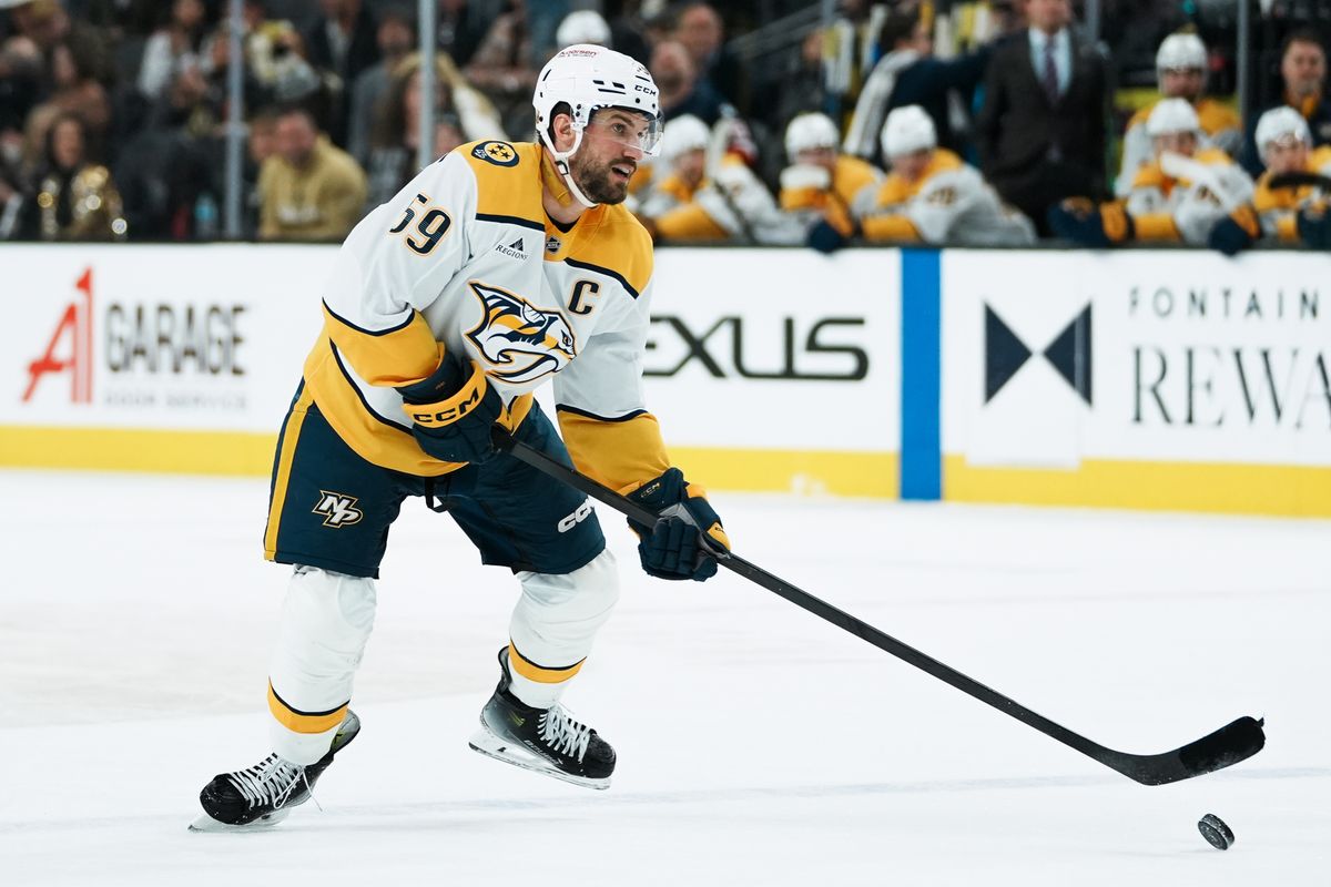 Nashville Predators defenseman Roman Josi (59) skates the puck down the ice during third period of NHL game against Vegas Golden Knights on Saturday Jan. 17, 2026 at T-Mobile Arena in Las Vegas. Nashville Predators defenseman Roman Josi (59) skates the puck down the ice during third period of NHL game against Vegas Golden Knights on Saturday Jan. 17, 2026 at T-Mobile Arena in Las Vegas.