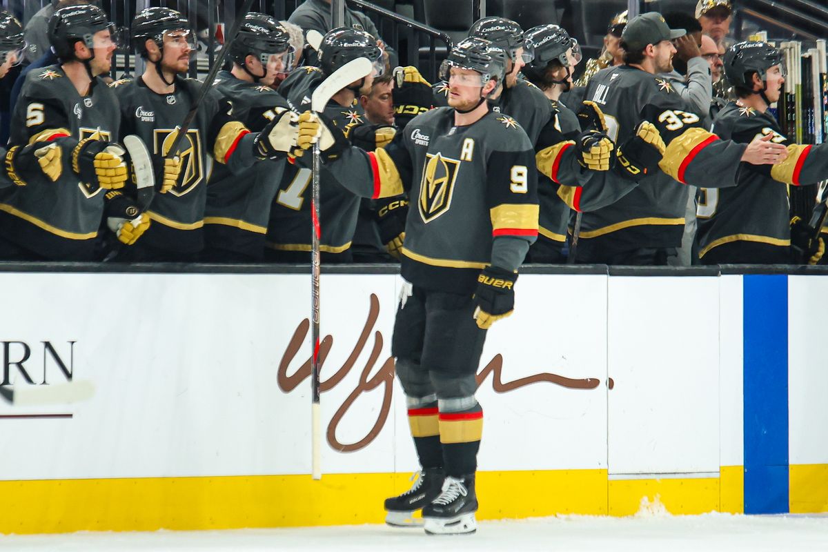 Vegas Golden Knights F Jack Eichel (9) skates past his bench after scoring a goal against the Vancouver Canucks on Wednesday February 4, 2026, in Las Vegas, Nevada. Vegas Golden Knights F Jack Eichel (9) skates past his bench after scoring a goal against the Vancouver Canucks on Wednesday February 4, 2026, in Las Vegas, Nevada.