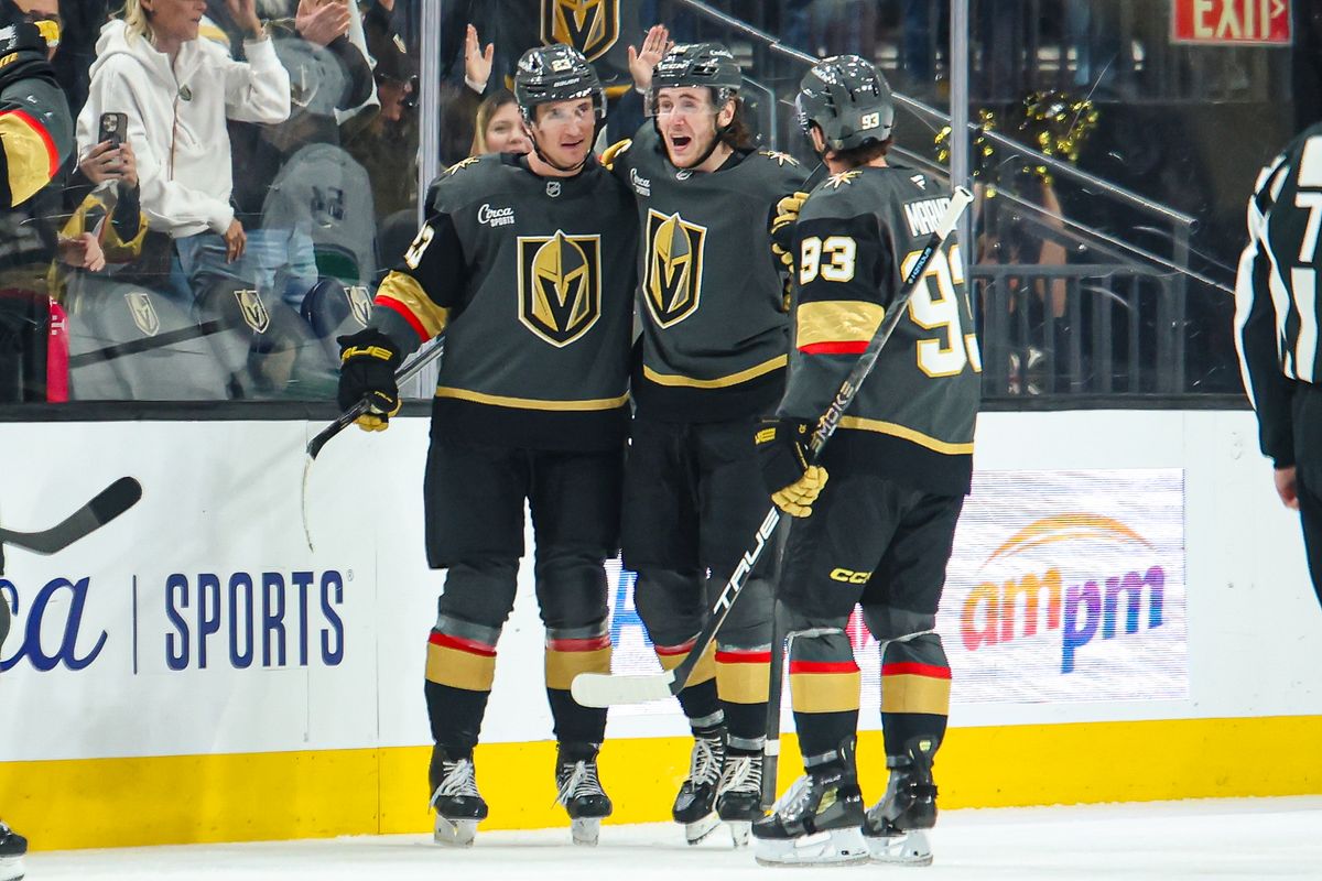 Vegas Golden Knights F Cole Reinhardt (23) celebrates with his teammates after scoring a goal against the Vancouver Canucks on Wednesday February 4, 2026, in Las Vegas, Nevada. Vegas Golden Knights F Cole Reinhardt (23) celebrates with his teammates after scoring a goal against the Vancouver Canucks on Wednesday February 4, 2026, in Las Vegas, Nevada.