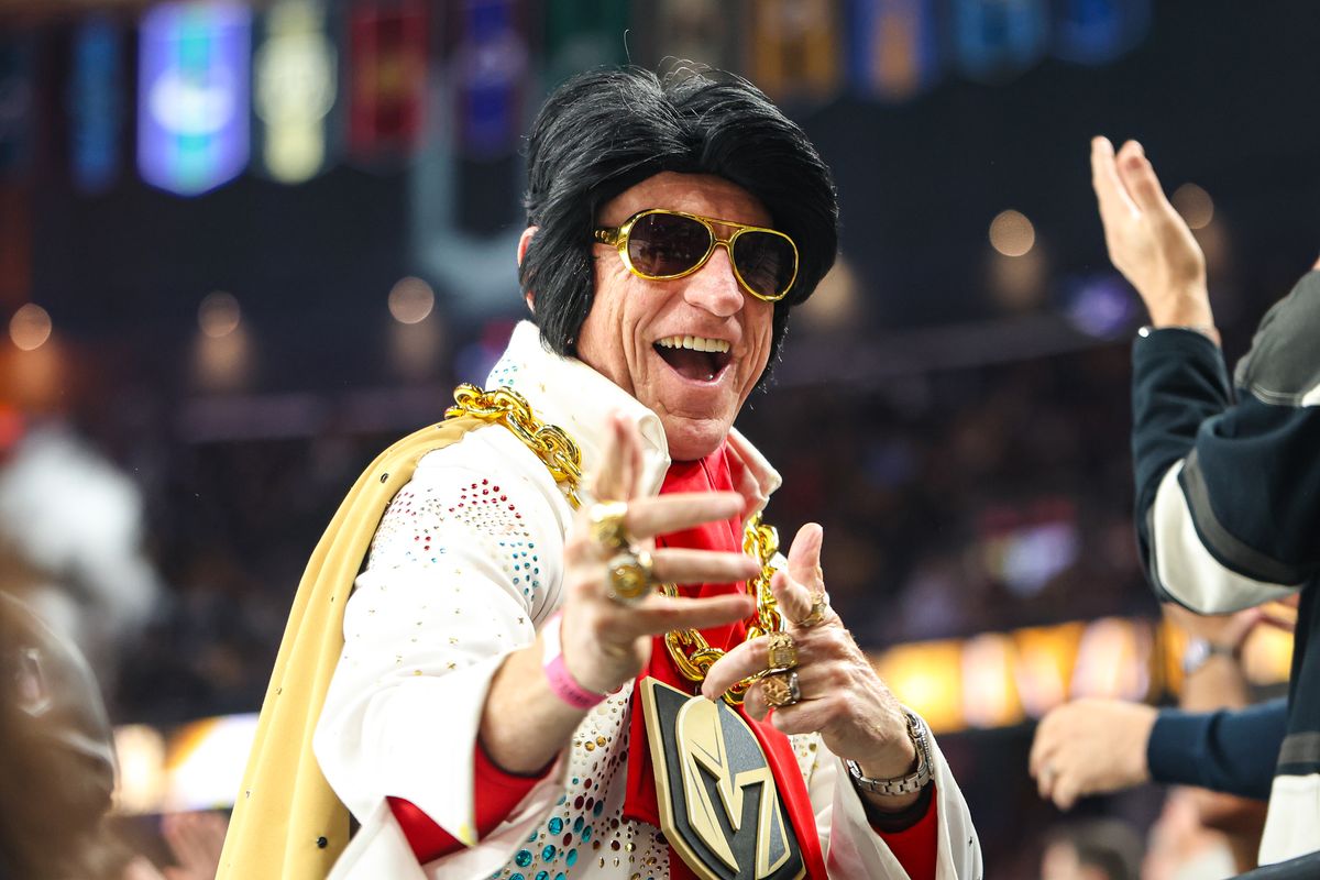 Vegas Golden Knights fan dressed as Elvis celebrates after a goal was scored against the Vancouver Canucks on Wednesday February 4, 2026, in Las Vegas, Nevada. Vegas Golden Knights fan dressed as Elvis celebrates after a goal was scored against the Vancouver Canucks on Wednesday February 4, 2026, in Las Vegas, Nevada.