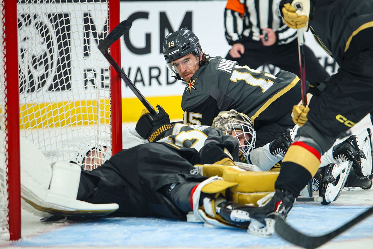 Vegas Golden Knights D Noah Hanifin (15) reacts to a save made by teammate Vegas Golden Knights G Akira Schmid (40) during an NHL game against the Vancouver Canucks on Wednesday February 4, 2026, in Las Vegas, Nevada. Vegas Golden Knights D Noah Hanifin (15) reacts to a save made by teammate Vegas Golden Knights G Akira Schmid (40) during an NHL game against the Vancouver Canucks on Wednesday February 4, 2026, in Las Vegas, Nevada.