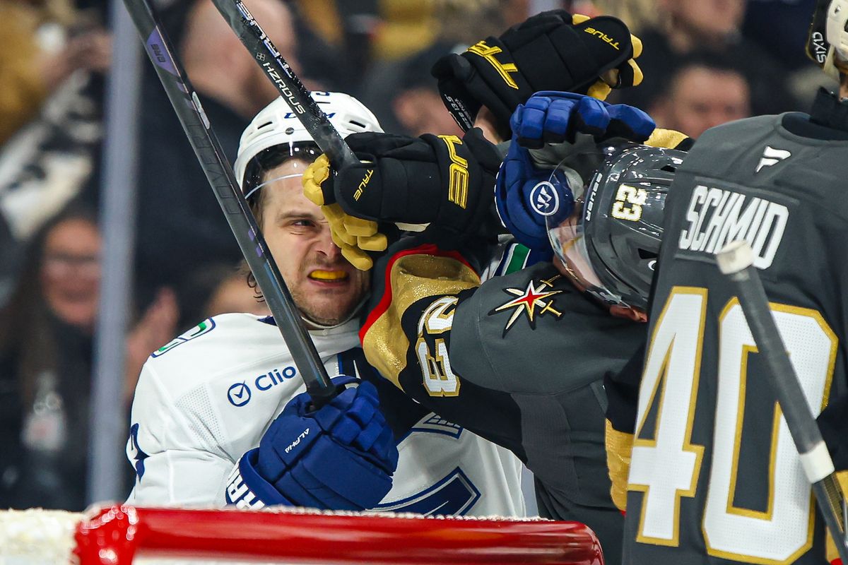 Vancouver Canucks F Teddy Blueger (53) and Vegas Golden Knights F Cole Reinhardt (23) get into a scrum during an NHL game on Wednesday February 4, 2026, in Las Vegas, Nevada. Vancouver Canucks F Teddy Blueger (53) and Vegas Golden Knights F Cole Reinhardt (23) get into a scrum during an NHL game on Wednesday February 4, 2026, in Las Vegas, Nevada.