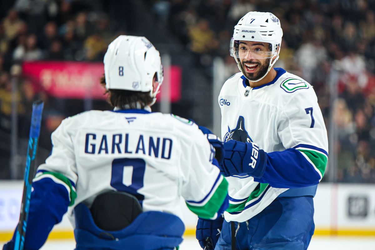 Vancouver Canucks D Pierre-Olivier Joseph (7) smiles after scoring a goal against the Vegas Golden Knights on Wednesday February 4, 2026, in Las Vegas, Nevada. Vancouver Canucks D Pierre-Olivier Joseph (7) smiles after scoring a goal against the Vegas Golden Knights on Wednesday February 4, 2026, in Las Vegas, Nevada.
