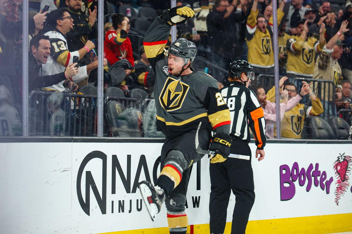 Vegas Golden Knights F Alexander Holtz (26) celebrates after scoring a goal against the Vancouver Canucks on Wednesday February 4, 2026, in Las Vegas, Nevada. Vegas Golden Knights F Alexander Holtz (26) celebrates after scoring a goal against the Vancouver Canucks on Wednesday February 4, 2026, in Las Vegas, Nevada.