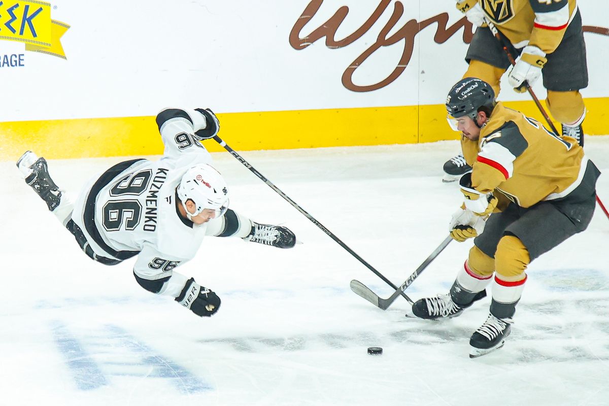 Los Angeles Kings F Andrei Kuzmenko (96) draws a tripping penalty during an NHL game against the Vegas Golden Knights on Thursday February 5, 2026, in Las Vegas, Nevada. Los Angeles Kings F Andrei Kuzmenko (96) draws a tripping penalty during an NHL game against the Vegas Golden Knights on Thursday February 5, 2026, in Las Vegas, Nevada.