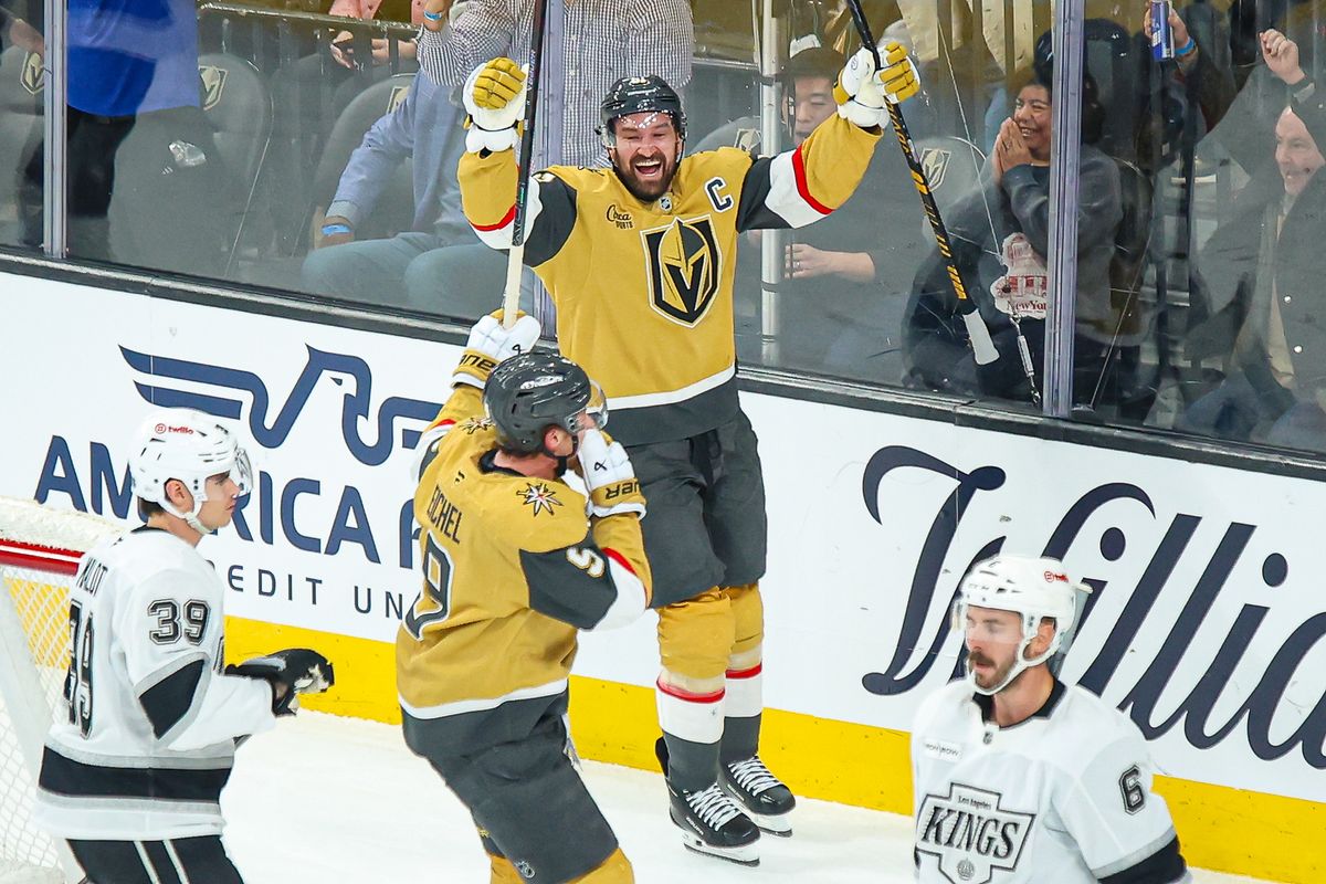 Vegas Golden Knights F Mark Stone (61) reacts after scoring a goal against the Los Angeles Kings on Thursday February 5, 2026, in Las Vegas, Nevada. Vegas Golden Knights F Mark Stone (61) reacts after scoring a goal against the Los Angeles Kings on Thursday February 5, 2026, in Las Vegas, Nevada.
