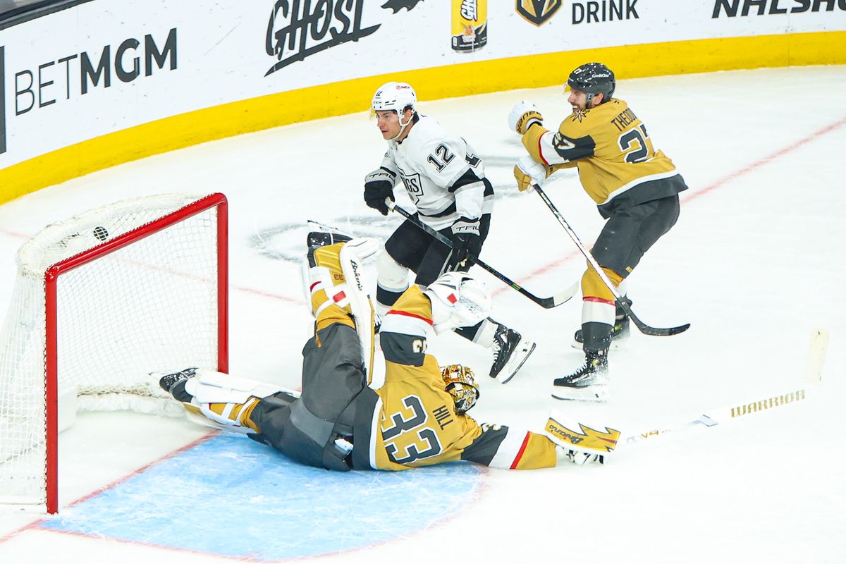 Los Angeles Kings F Trevor Moore (12) scores a goal against Vegas Golden Knights G Adin Hill (33) on Thursday February 5, 2026, in Las Vegas, Nevada. Los Angeles Kings F Trevor Moore (12) scores a goal against Vegas Golden Knights G Adin Hill (33) on Thursday February 5, 2026, in Las Vegas, Nevada.