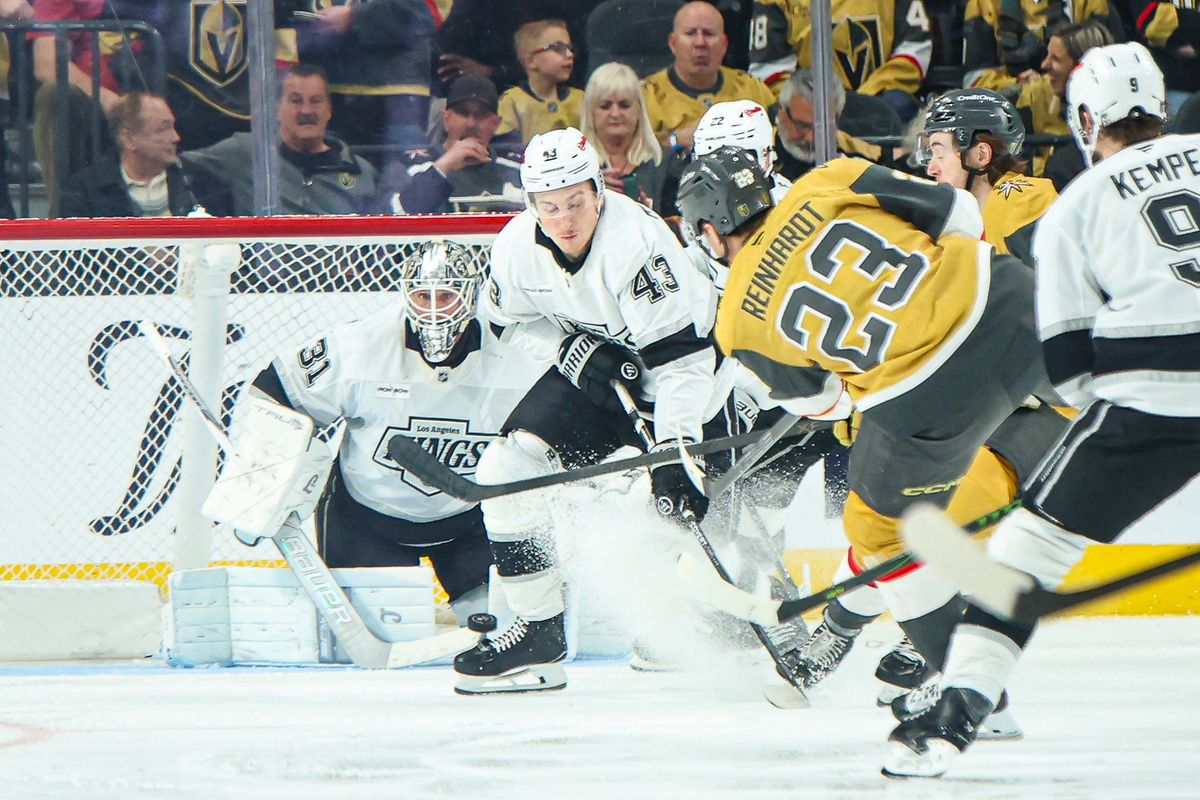 Los Angeles Kings G Anton Forsberg (31) watches a shot from Vegas Golden Knights F Cole Reinhardt (23) during the third period of an NHL game on Thursday February 5, 2026, in Las Vegas, Nevada. Los Angeles Kings G Anton Forsberg (31) watches a shot from Vegas Golden Knights F Cole Reinhardt (23) during the third period of an NHL game on Thursday February 5, 2026, in Las Vegas, Nevada.