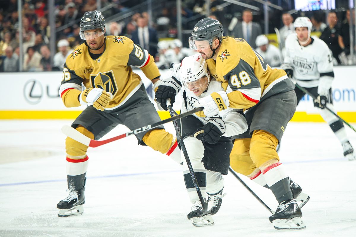 Vegas Golden Knights F Tomas Hertl (48) lays a hit on Los Angeles Kings F Trevor Moore (12) during an NHL game on Thursday February 5, 2026, in Las Vegas, Nevada. Vegas Golden Knights F Tomas Hertl (48) lays a hit on Los Angeles Kings F Trevor Moore (12) during an NHL game on Thursday February 5, 2026, in Las Vegas, Nevada.