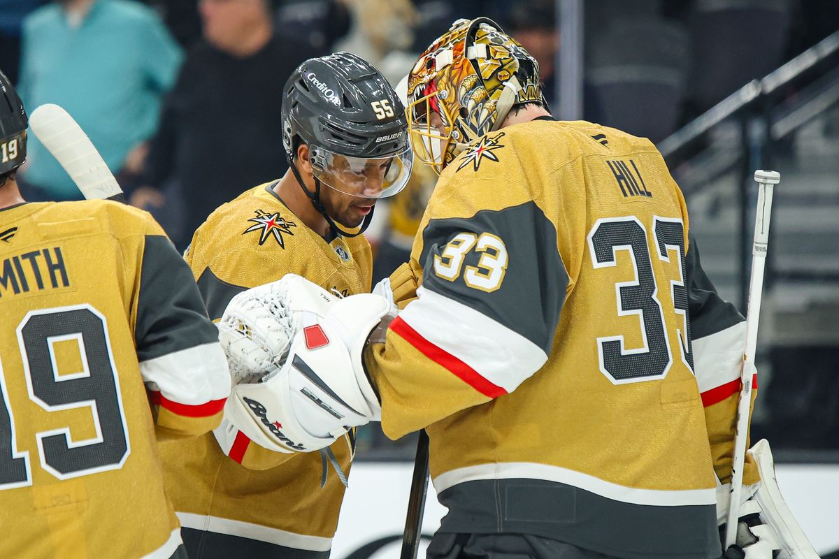 Vegas Golden Knights F Keegan Kolesar (55) and Vegas Golden Knights G Adin Hill (33) seen after defeating the Los Angeles Kings on Thursday February 5, 2026, in Las Vegas, Nevada. Vegas Golden Knights F Keegan Kolesar (55) and Vegas Golden Knights G Adin Hill (33) seen after defeating the Los Angeles Kings on Thursday February 5, 2026, in Las Vegas, Nevada.