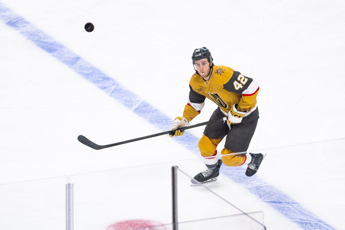 Vegas Golden Knights right-wing Braeden Bowman (42) looks at a deflected puck during a NHL game between the Vegas Golden Knights and the Minnesota Wild, Friday March 6, 2026 in Las Vegas, Nev. Vegas Golden Knights right-wing Braeden Bowman (42) looks at a deflected puck during a NHL game between the Vegas Golden Knights and the Minnesota Wild, Friday March 6, 2026 in Las Vegas, Nev.