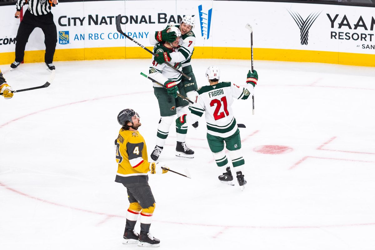 Minnesota Wild defenseman Brock Faber (7) jumps on center Michael McCarron (47) after a Wild goal during a NHL game between the Vegas Golden Knights and the Minnesota Wild, Friday March 6, 2026 in Las Vegas, Nev. Minnesota Wild defenseman Brock Faber (7) jumps on center Michael McCarron (47) after a Wild goal during a NHL game between the Vegas Golden Knights and the Minnesota Wild, Friday March 6, 2026 in Las Vegas, Nev.