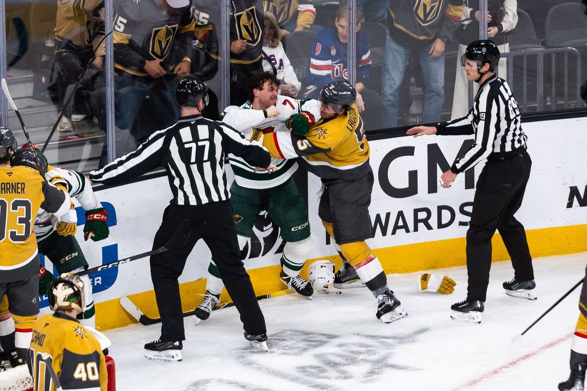 Minnesota Wild defenseman Brock Faber (7) punches Vegas Golden Knights defenseman Jeremy Lauzon (5) during a NHL game between the Vegas Golden Knights and the Minnesota Wild, Friday March 6, 2026 in Las Vegas, Nev. Minnesota Wild defenseman Brock Faber (7) punches Vegas Golden Knights defenseman Jeremy Lauzon (5) during a NHL game between the Vegas Golden Knights and the Minnesota Wild, Friday March 6, 2026 in Las Vegas, Nev.