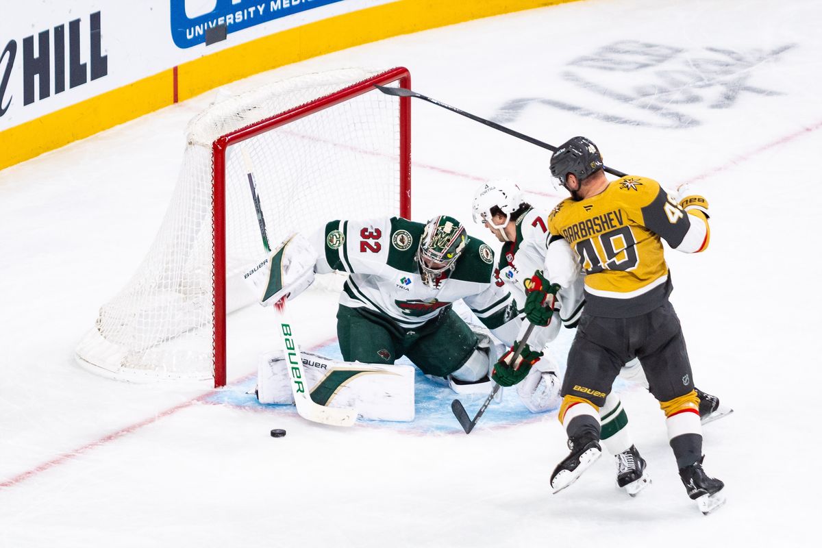 Minnesota Wild goalie Filip Gustavsson (32) blocks a shot from Vegas Golden Knights left-wing Ivan Barbashev (49) during a NHL game between the Vegas Golden Knights and the Minnesota Wild, Friday March 6, 2026 in Las Vegas, Nev. Minnesota Wild goalie Filip Gustavsson (32) blocks a shot from Vegas Golden Knights left-wing Ivan Barbashev (49) during a NHL game between the Vegas Golden Knights and the Minnesota Wild, Friday March 6, 2026 in Las Vegas, Nev.