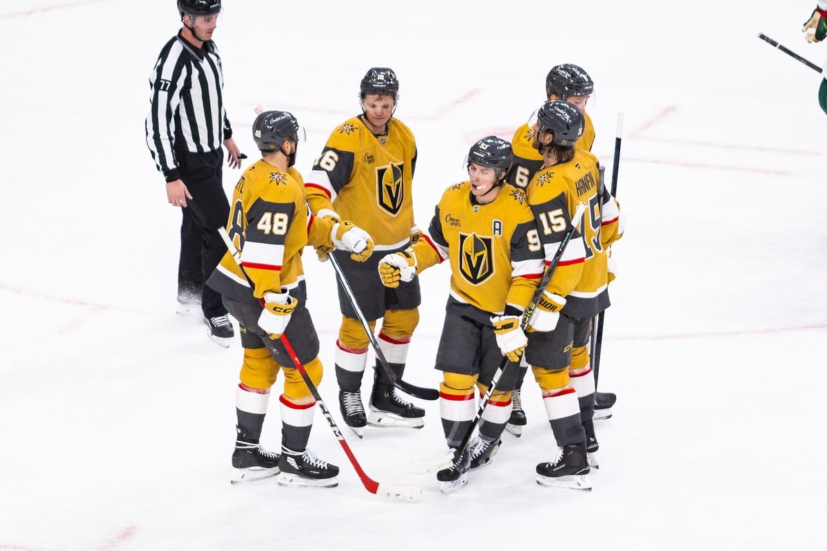 Vegas Golden Knights players give each other fist bumps after a goal during a NHL game between the Vegas Golden Knights and the Minnesota Wild, Friday March 6, 2026 in Las Vegas, Nev. Vegas Golden Knights players give each other fist bumps after a goal during a NHL game between the Vegas Golden Knights and the Minnesota Wild, Friday March 6, 2026 in Las Vegas, Nev.