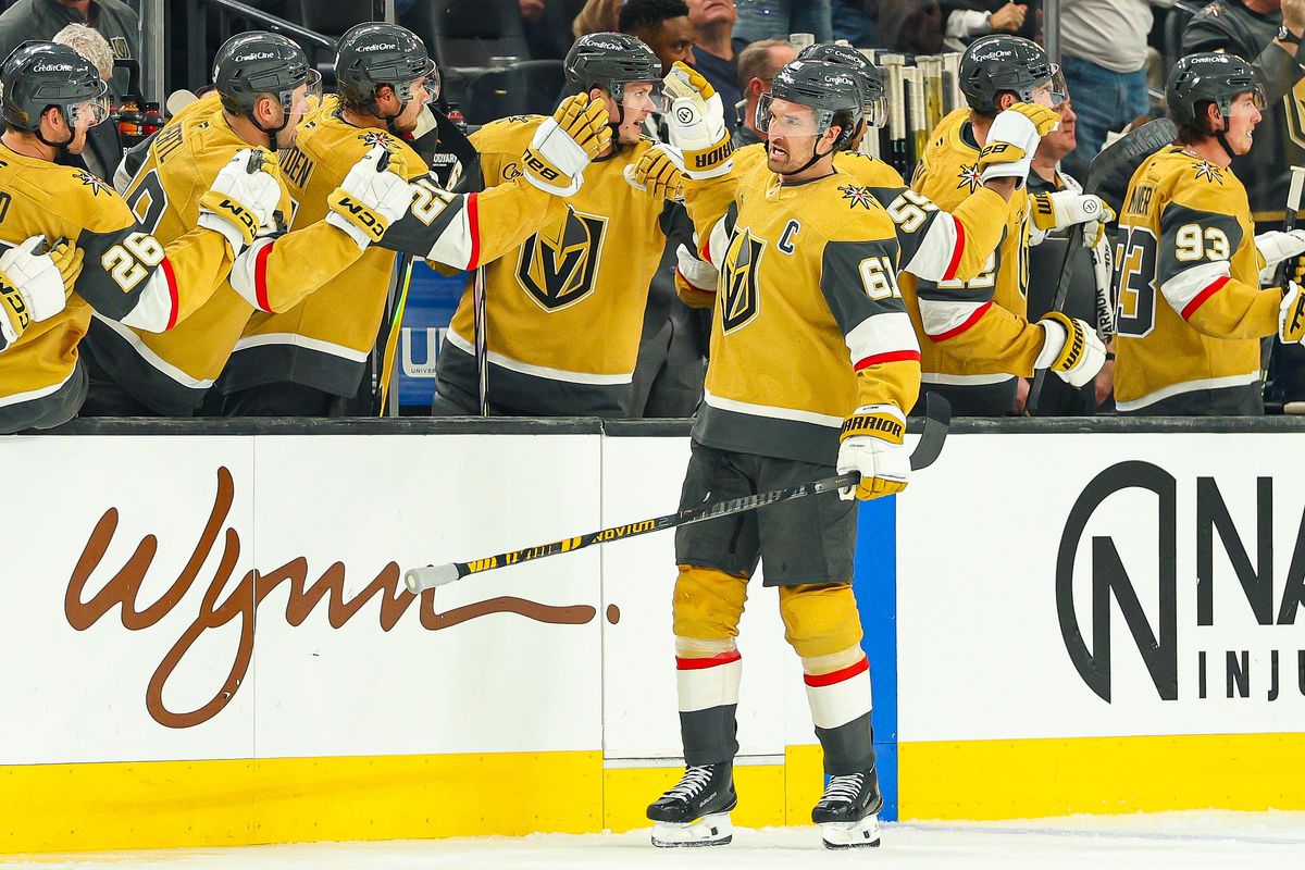 Vegas Golden Knights F Mark Stone (61) skates past his bench after scoring a goal against the Edmonton Oilers on Thursday, March 26, 2026, in Las Vegas, Nevada. Vegas Golden Knights F Mark Stone (61) skates past his bench after scoring a goal against the Edmonton Oilers on Thursday, March 26, 2026, in Las Vegas, Nevada.