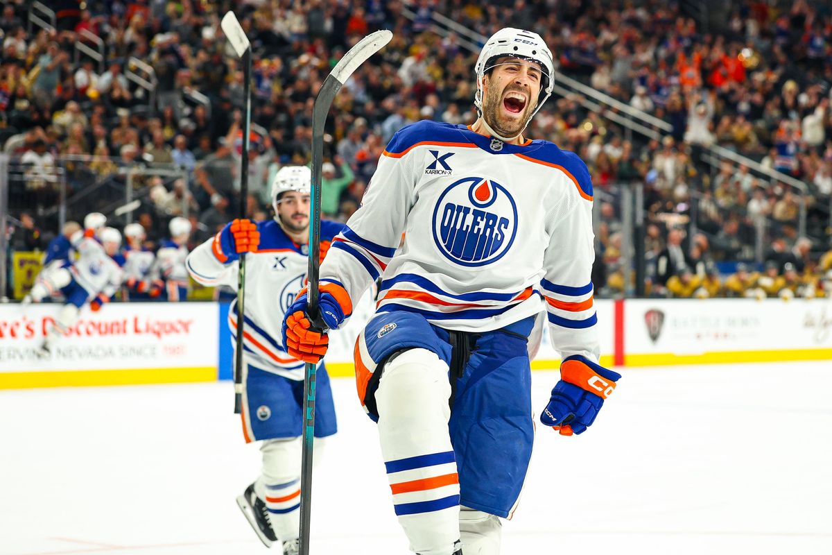 Edmonton Oilers D Evan Bouchard (2) celebrates after scoring the game winning goal against the Vegas Golden Knights in overtime on Thursday, March 26, 2026, in Las Vegas, Nevada. Edmonton Oilers D Evan Bouchard (2) celebrates after scoring the game winning goal against the Vegas Golden Knights in overtime on Thursday, March 26, 2026, in Las Vegas, Nevada.