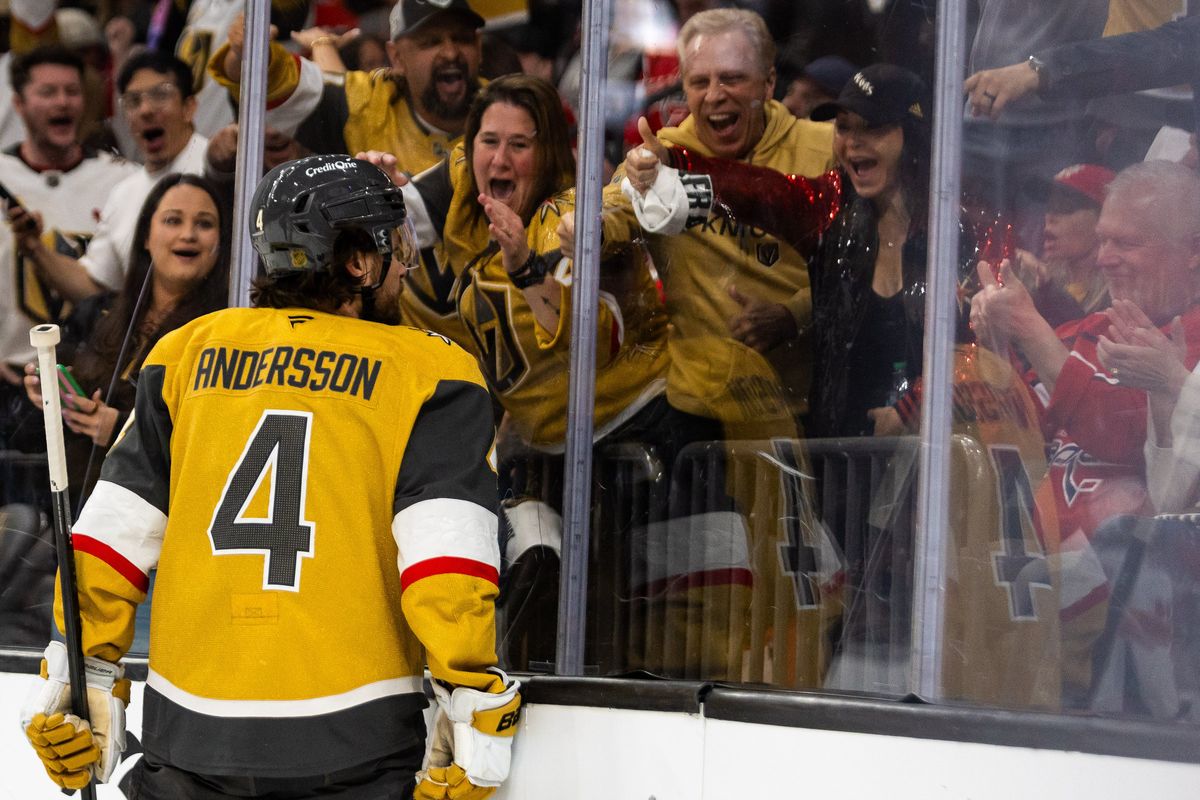 Vegas Golden Knights defenseman Rasmus Andersson (4) looks at the fans after scoring a goal during a NHL game between the Vegas Golden Knights and the Washington Capitals, Saturday March 28, 2026 in Las Vegas, Nev. Vegas Golden Knights defenseman Rasmus Andersson (4) looks at the fans after scoring a goal during a NHL game between the Vegas Golden Knights and the Washington Capitals, Saturday March 28, 2026 in Las Vegas, Nev.