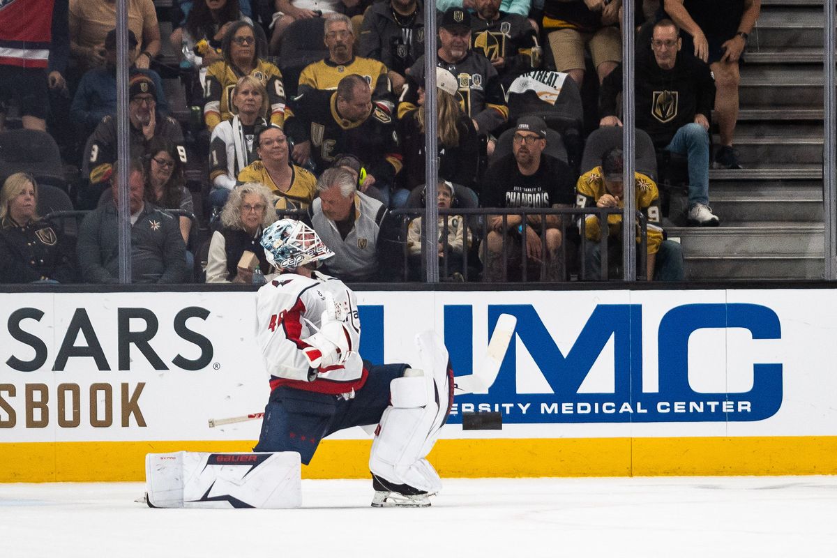 Washington Capitals goalie Logan Thompson (48) celebrates after making a save in a shoot-out after a NHL game between the Vegas Golden Knights and the Washington Capitals, Saturday March 28, 2026 in Las Vegas, Nev. Washington Capitals goalie Logan Thompson (48) celebrates after making a save in a shoot-out after a NHL game between the Vegas Golden Knights and the Washington Capitals, Saturday March 28, 2026 in Las Vegas, Nev.