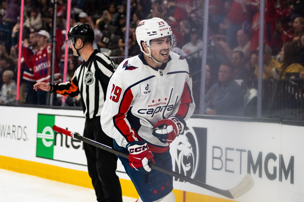 Washington Capitals center Hendrix Lapierre (29) celebrates after scoring during a NHL game between the Vegas Golden Knights and the Washington Capitals, Saturday March 28, 2026 in Las Vegas, Nev. Washington Capitals center Hendrix Lapierre (29) celebrates after scoring during a NHL game between the Vegas Golden Knights and the Washington Capitals, Saturday March 28, 2026 in Las Vegas, Nev.