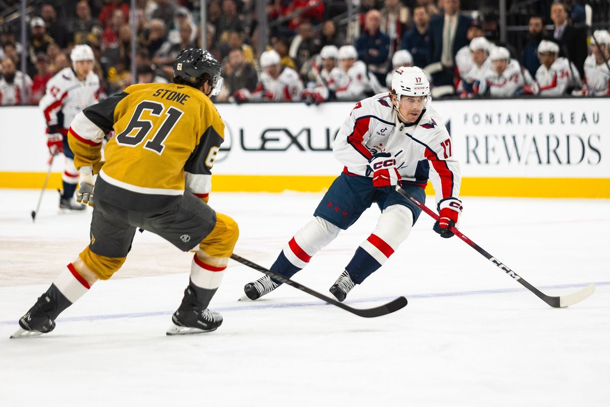 Washington Capitals center Dylan Strome (17) skates the puck into the Capitals’ zone during a NHL game between the Vegas Golden Knights and the Washington Capitals, Saturday March 28, 2026 in Las Vegas, Nev. Washington Capitals center Dylan Strome (17) skates the puck into the Capitals’ zone during a NHL game between the Vegas Golden Knights and the Washington Capitals, Saturday March 28, 2026 in Las Vegas, Nev.
