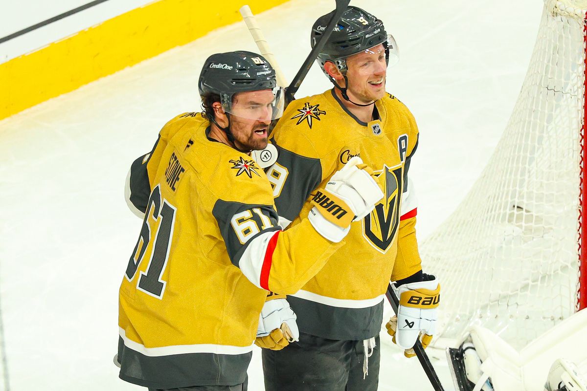 Vegas Golden Knights F Mark Stone (61) celebrates with his teammate Vegas Golden Knights F Jack Eichel (9) after scoring a goal against the Winnipeg Jets on Monday, April 13, 2026, in Las Vegas, Nevada. Vegas Golden Knights F Mark Stone (61) celebrates with his teammate Vegas Golden Knights F Jack Eichel (9) after scoring a goal against the Winnipeg Jets on Monday, April 13, 2026, in Las Vegas, Nevada.
