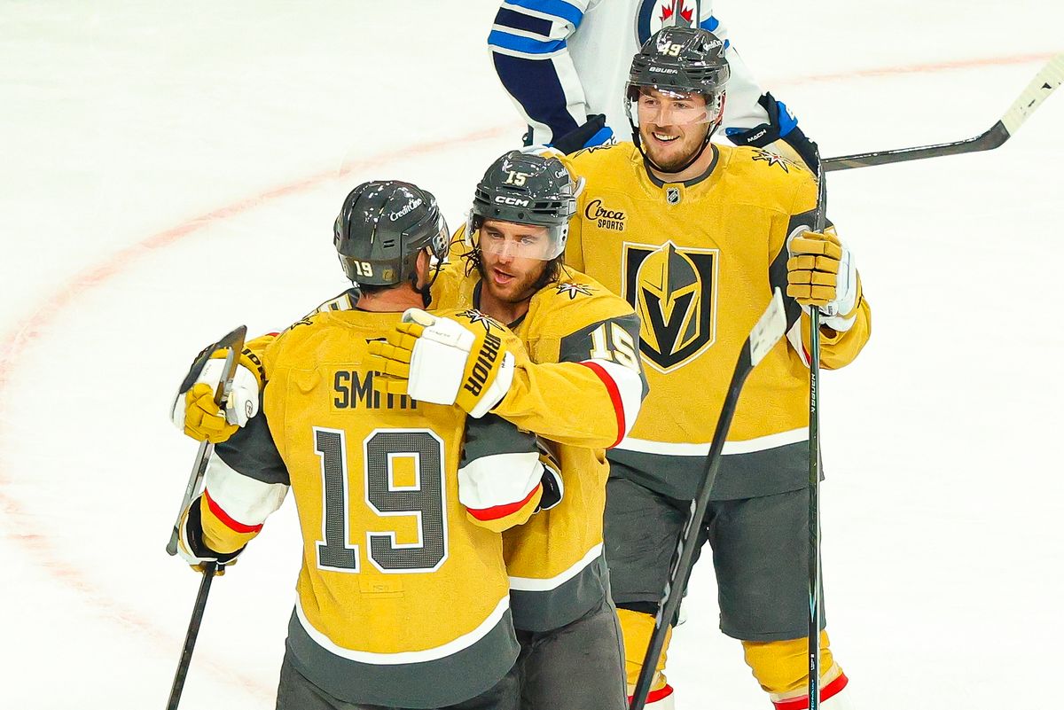 Vegas Golden Knights F Reilly Smith (19) celebrates with his teammates after scoring a goal against the Winnipeg Jets on Monday, April 13, 2026, in Las Vegas, Nevada. Vegas Golden Knights F Reilly Smith (19) celebrates with his teammates after scoring a goal against the Winnipeg Jets on Monday, April 13, 2026, in Las Vegas, Nevada.
