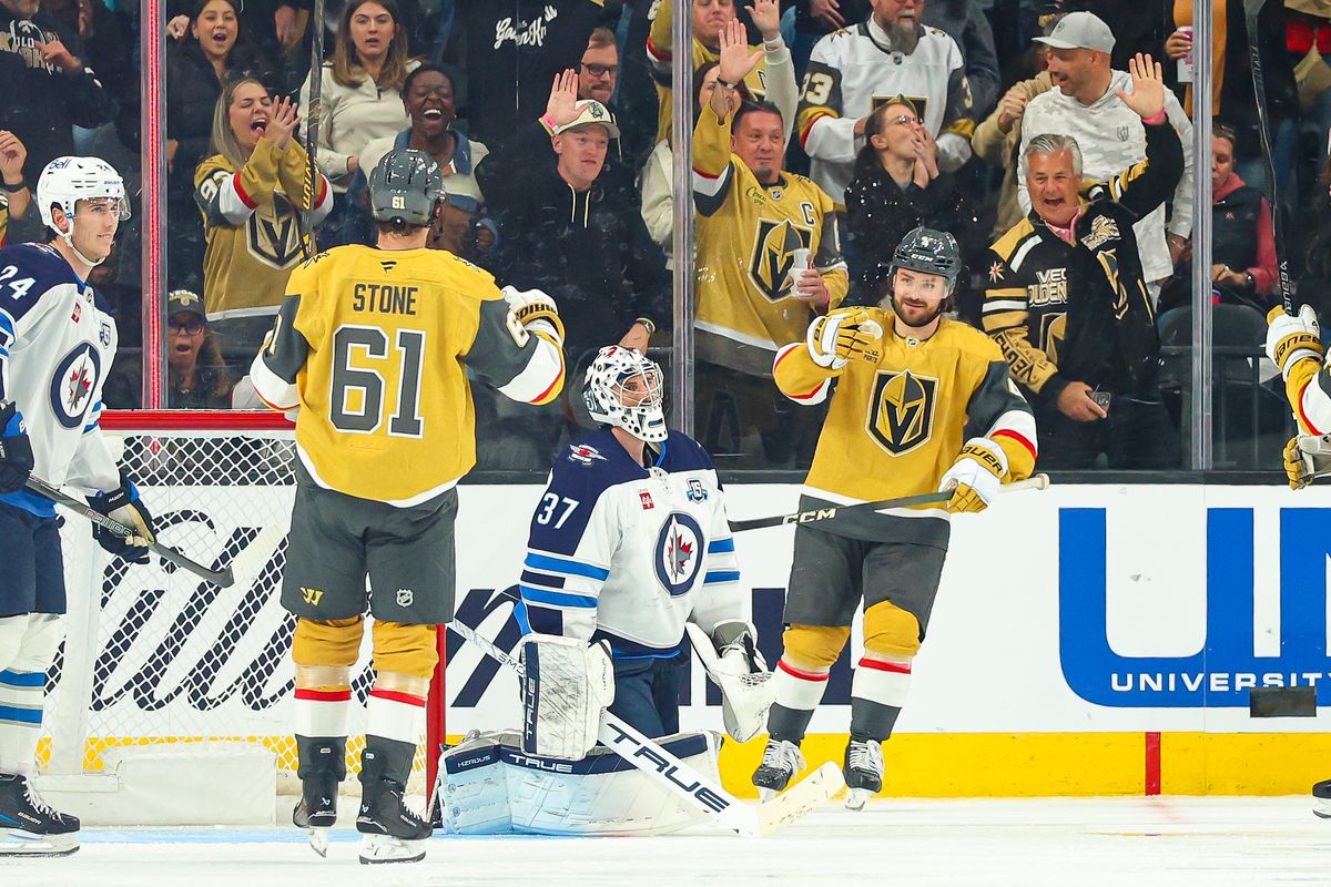 Vegas Golden Knights D Rasmus Andersson (4) points towards his teammate Vegas Golden Knights F Mark Stone (61) after Stone assisted on his goal against the Winnipeg Jets on Monday, April 13, 2026, in Las Vegas, Nevada. Vegas Golden Knights D Rasmus Andersson (4) points towards his teammate Vegas Golden Knights F Mark Stone (61) after Stone assisted on his goal against the Winnipeg Jets on Monday, April 13, 2026, in Las Vegas, Nevada.