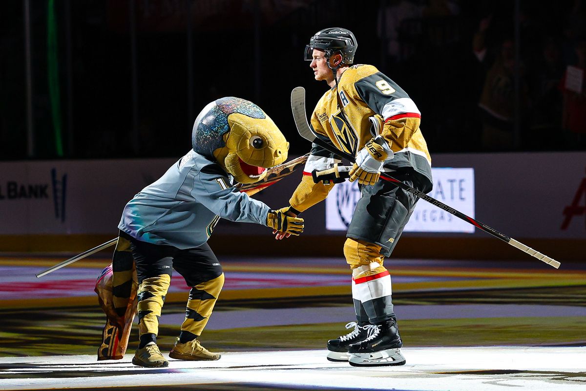 Vegas Golden Knights F Jack Eichel (9) high-fives the Vegas Golden Knights' mascot Chance during the three-stars ceremony after an NHL game against the Winnipeg Jets on Monday, April 13, 2026, in Las Vegas, Nevada. Vegas Golden Knights F Jack Eichel (9) high-fives the Vegas Golden Knights' mascot Chance during the three-stars ceremony after an NHL game against the Winnipeg Jets on Monday, April 13, 2026, in Las Vegas, Nevada.