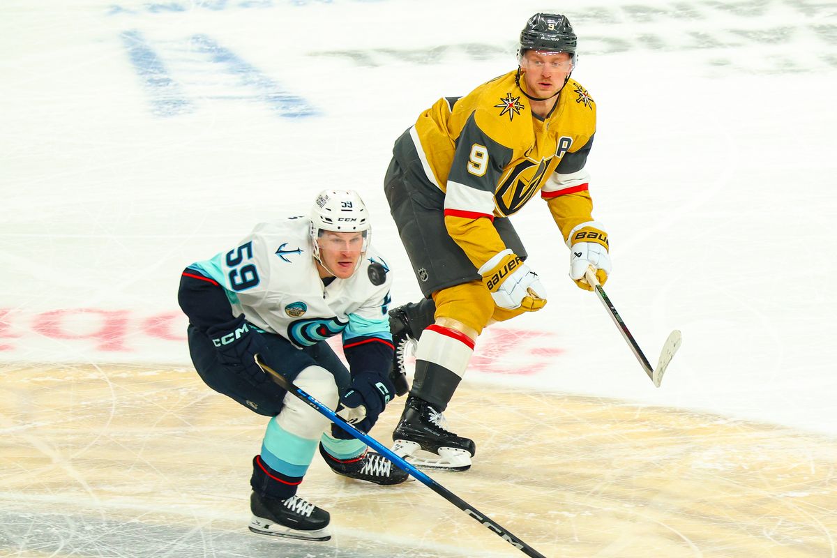 Seattle Kraken F Ben Meyers (59) watches the puck during an NHL game against the Vegas Golden Knights on Wednesday, April 15, 2026, in Las Vegas, Nevada. Seattle Kraken F Ben Meyers (59) watches the puck during an NHL game against the Vegas Golden Knights on Wednesday, April 15, 2026, in Las Vegas, Nevada.