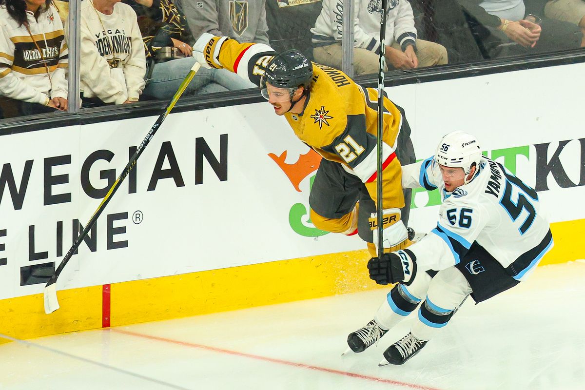 Vegas Golden Knights F Brett Howden (21) jumps past Utah Mammoth F Kailer Yamamoto (56) while chasing a puck during Round 1 of the NHL Playoffs on Sunday, April 19, 2026, in Las Vegas, Nevada. Vegas Golden Knights F Brett Howden (21) jumps past Utah Mammoth F Kailer Yamamoto (56) while chasing a puck during Round 1 of the NHL Playoffs on Sunday, April 19, 2026, in Las Vegas, Nevada.