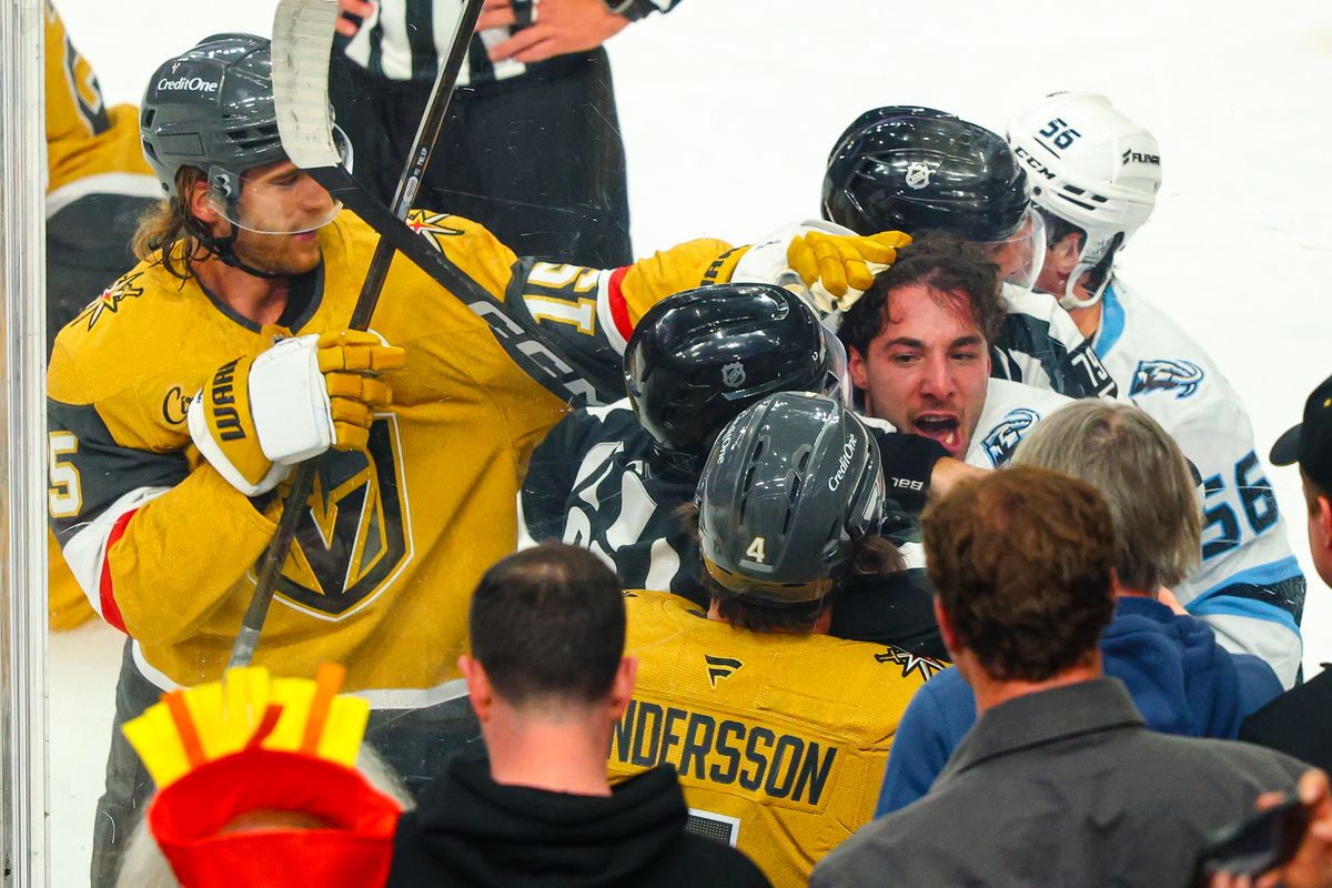 Utah Mammoth D Sean Durzi (50) yells at Vegas Golden Knights D Rasmus Andersson (4) during a scrum at Round 1 of the NHL Playoffs on Sunday, April 19, 2026, in Las Vegas, Nevada. Utah Mammoth D Sean Durzi (50) yells at Vegas Golden Knights D Rasmus Andersson (4) during a scrum at Round 1 of the NHL Playoffs on Sunday, April 19, 2026, in Las Vegas, Nevada.