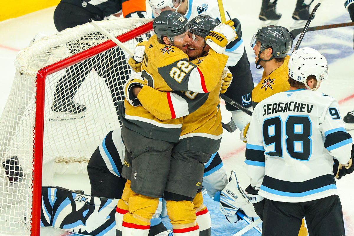 Vegas Golden Knights F Colton Sissons (10) celebrates with his teammate F Cole Smith (22) after scoring a goal against the Utah Mammoth during Round 1 of the NHL Playoffs on Sunday, April 19, 2026, in Las Vegas, Nevada. Vegas Golden Knights F Colton Sissons (10) celebrates with his teammate F Cole Smith (22) after scoring a goal against the Utah Mammoth during Round 1 of the NHL Playoffs on Sunday, April 19, 2026, in Las Vegas, Nevada.