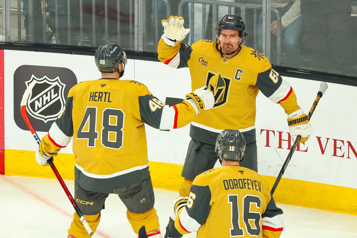 Vegas Golden Knights F Mark Stone (61) high fives his teammate F Tomas Hertl (48) after scoring a goal against the Utah Mammoth during Round 1 of the NHL Playoffs on Sunday, April 19, 2026, in Las Vegas, Nevada. Vegas Golden Knights F Mark Stone (61) high fives his teammate F Tomas Hertl (48) after scoring a goal against the Utah Mammoth during Round 1 of the NHL Playoffs on Sunday, April 19, 2026, in Las Vegas, Nevada.