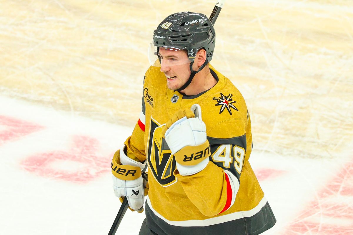 Vegas Golden Knights F Ivan Barbashev (49) reacts after he scores an empty net goal against the Utah Mammoth during Round 1 of the NHL Playoffs on Sunday, April 19, 2026, in Las Vegas, Nevada. Vegas Golden Knights F Ivan Barbashev (49) reacts after he scores an empty net goal against the Utah Mammoth during Round 1 of the NHL Playoffs on Sunday, April 19, 2026, in Las Vegas, Nevada.
