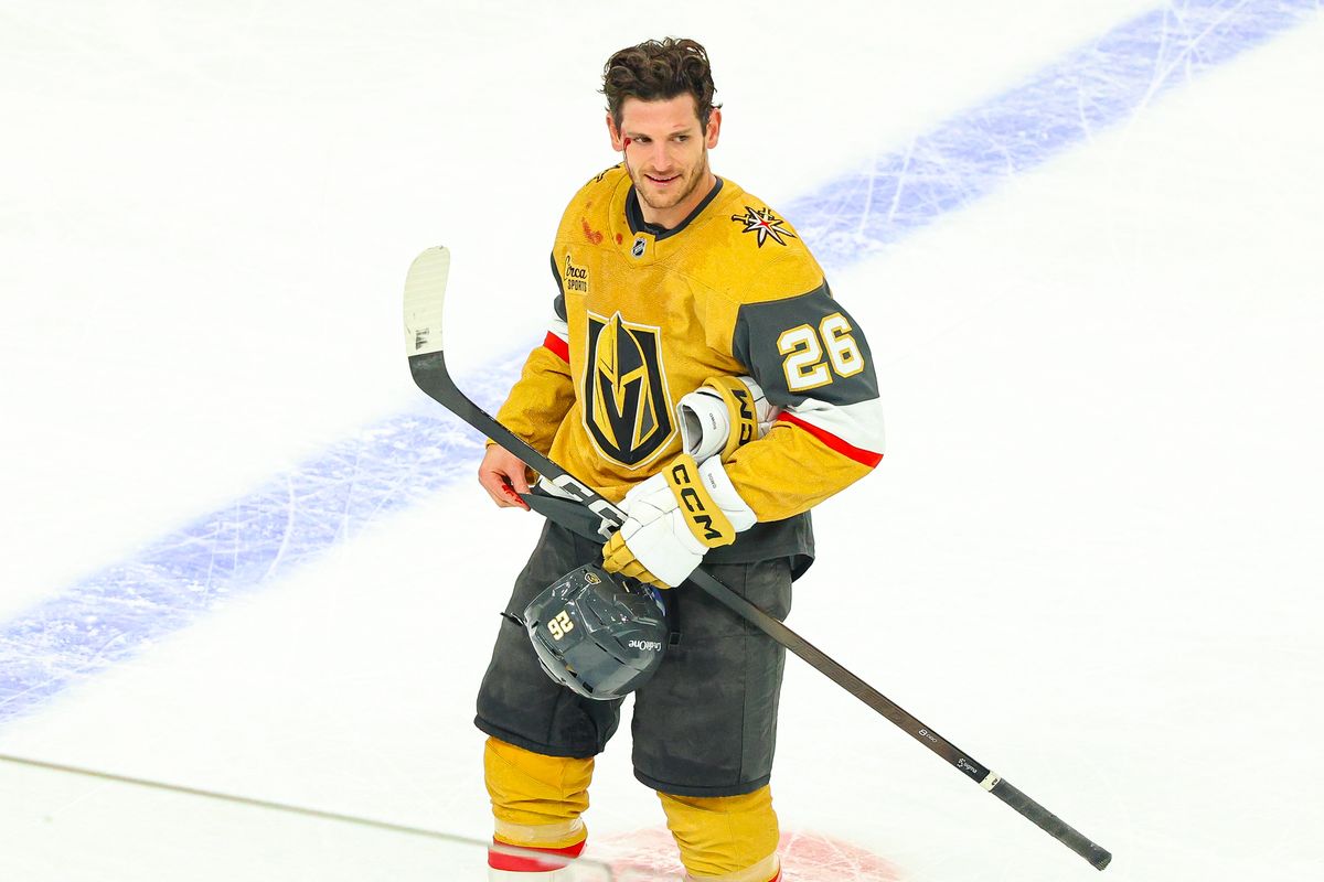 Vegas Golden Knights F Nic Dowd (26) bleeds from his forehead after being high sticked by Utah Mammoth F Logan Cooley (92) during Round 1 of the NHL Playoffs on Sunday, April 19, 2026, in Las Vegas, Nevada. Vegas Golden Knights F Nic Dowd (26) bleeds from his forehead after being high sticked by Utah Mammoth F Logan Cooley (92) during Round 1 of the NHL Playoffs on Sunday, April 19, 2026, in Las Vegas, Nevada.