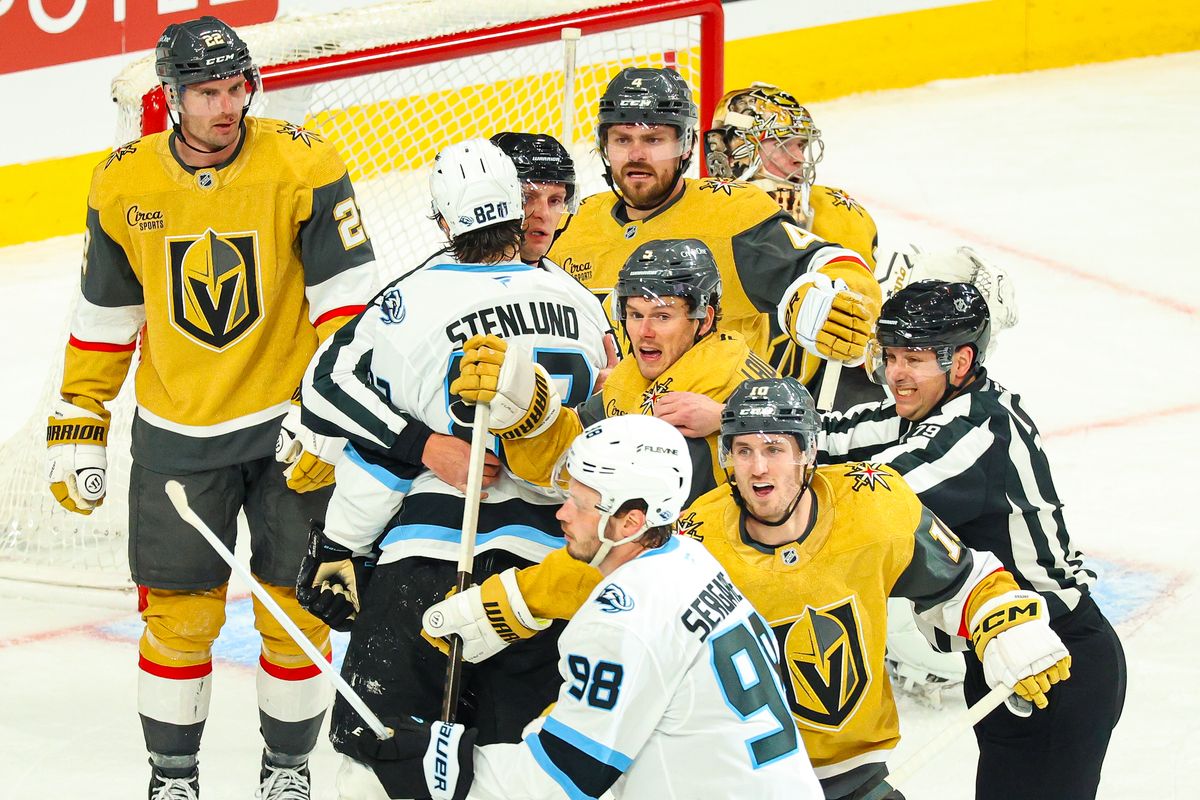 Multiple players for the Vegas Golden Knights react after a scrum with the Utah Mammoth during Round 1 of the NHL Playoffs on Sunday, April 19, 2026, in Las Vegas, Nevada. Multiple players for the Vegas Golden Knights react after a scrum with the Utah Mammoth during Round 1 of the NHL Playoffs on Sunday, April 19, 2026, in Las Vegas, Nevada.