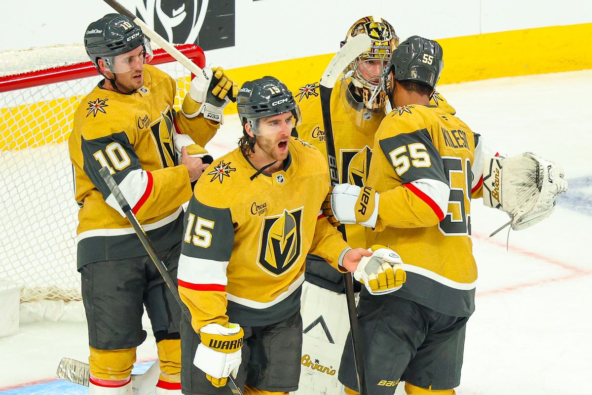 Vegas Golden Knights G Carter Hart (79) celebrates with his teammates after defeating the Utah Mammoth in Round 1 of the NHL Playoffs on Sunday, April 19, 2026, in Las Vegas, Nevada. Vegas Golden Knights G Carter Hart (79) celebrates with his teammates after defeating the Utah Mammoth in Round 1 of the NHL Playoffs on Sunday, April 19, 2026, in Las Vegas, Nevada.