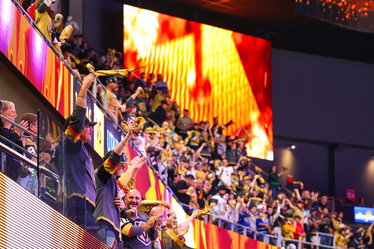 Vegas Golden Knights fans celebrate after a goal was scored in the first period of a Stanley Cup Playoff game against the Utah Mammoth on Wednesday, April 29, 2026, in Las Vegas, Nevada. Vegas Golden Knights fans celebrate after a goal was scored in the first period of a Stanley Cup Playoff game against the Utah Mammoth on Wednesday, April 29, 2026, in Las Vegas, Nevada.