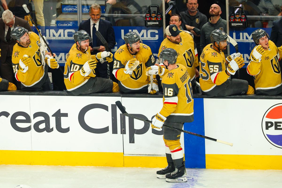 Vegas Golden Knights F Pavel Dorofeyev (16) skates past his bench after scoring his second goal of the night during a Stanley Cup Playoff game against the Utah Mammoth on Wednesday, April 29, 2026, in Las Vegas, Nevada. Vegas Golden Knights F Pavel Dorofeyev (16) skates past his bench after scoring his second goal of the night during a Stanley Cup Playoff game against the Utah Mammoth on Wednesday, April 29, 2026, in Las Vegas, Nevada.
