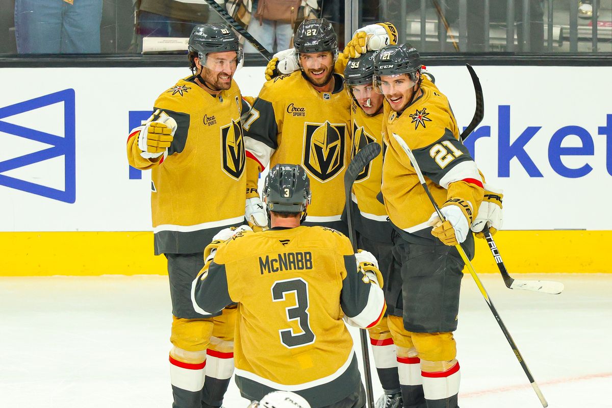 Vegas Golden Knights D Shea Theodore (27) celebrates with his teammates after scoring a goal against the Utah Mammoth in Round 1 Game 5 of the Stanley Cup Playoffs on Wednesday, April 29, 2026, in Las Vegas, Nevada. Vegas Golden Knights D Shea Theodore (27) celebrates with his teammates after scoring a goal against the Utah Mammoth in Round 1 Game 5 of the Stanley Cup Playoffs on Wednesday, April 29, 2026, in Las Vegas, Nevada.