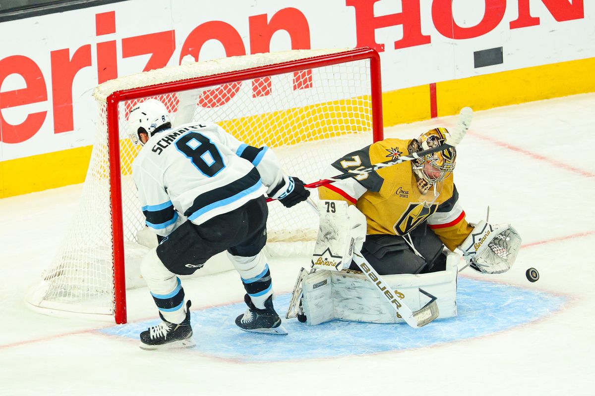 Vegas Golden Knights G Carter Hart (79) makes a save on Utah Mammoth F Nick Schmaltz (8) on a breakaway attempt on Wednesday, April 29, 2026, in Las Vegas, Nevada. Vegas Golden Knights G Carter Hart (79) makes a save on Utah Mammoth F Nick Schmaltz (8) on a breakaway attempt on Wednesday, April 29, 2026, in Las Vegas, Nevada.
