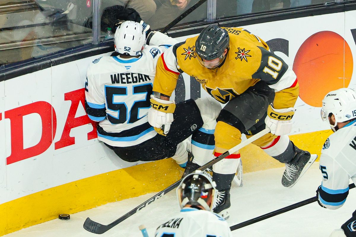 Vegas Golden Knights F Colton Sissons (10) lays a hit on Utah Mammoth D MacKenzie Weegar (52) during Round 1 Game 5 of the Stanley Cup Playoffs on Wednesday, April 29, 2026, in Las Vegas, Nevada. Vegas Golden Knights F Colton Sissons (10) lays a hit on Utah Mammoth D MacKenzie Weegar (52) during Round 1 Game 5 of the Stanley Cup Playoffs on Wednesday, April 29, 2026, in Las Vegas, Nevada.