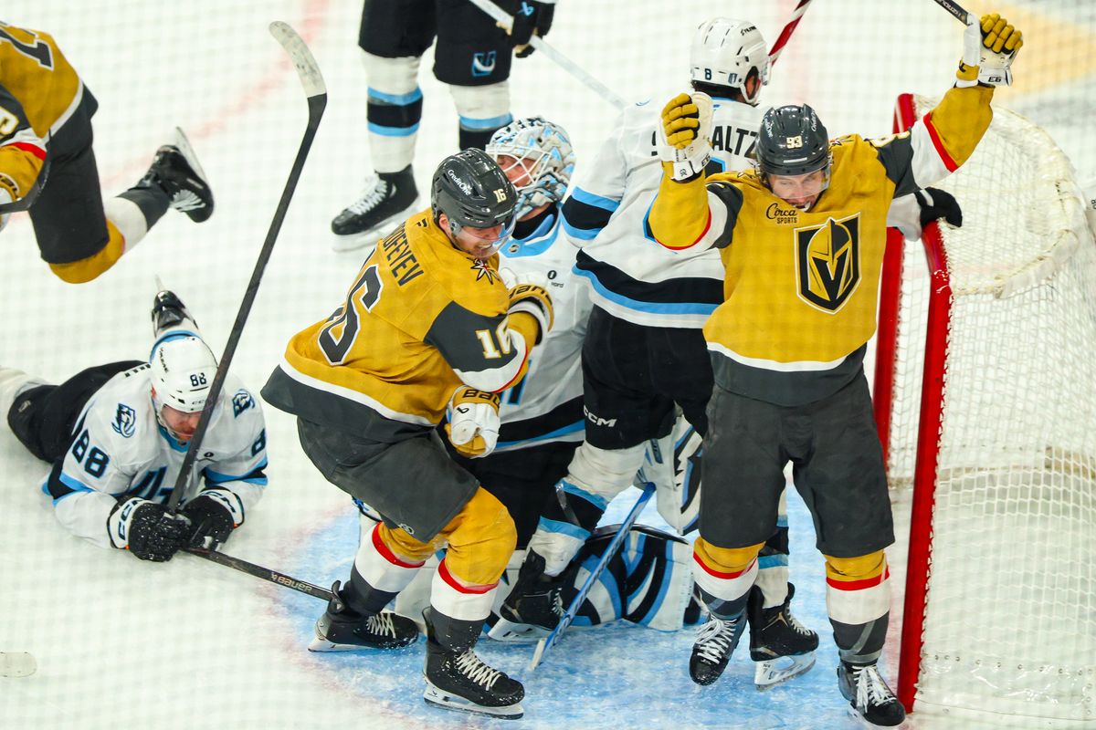 Vegas Golden Knights F Pavel Dorofeyev (16) reacts after he scores a hat trick goal to tie Round 1 Game 5 of the Stanley Cup Playoffs late in the third period on Wednesday, April 29, 2026, in Las Vegas, Nevada. Vegas Golden Knights F Pavel Dorofeyev (16) reacts after he scores a hat trick goal to tie Round 1 Game 5 of the Stanley Cup Playoffs late in the third period on Wednesday, April 29, 2026, in Las Vegas, Nevada.