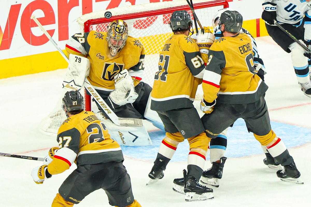 Vegas Golden Knights G Carter Hart (79) makes a save off his helmet during the first overtime period of Round 1 Game 5 of the Stanley Cup Playoffs against the Utah Mammoth on Wednesday, April 29, 2026, in Las Vegas, Nevada. Vegas Golden Knights G Carter Hart (79) makes a save off his helmet during the first overtime period of Round 1 Game 5 of the Stanley Cup Playoffs against the Utah Mammoth on Wednesday, April 29, 2026, in Las Vegas, Nevada.