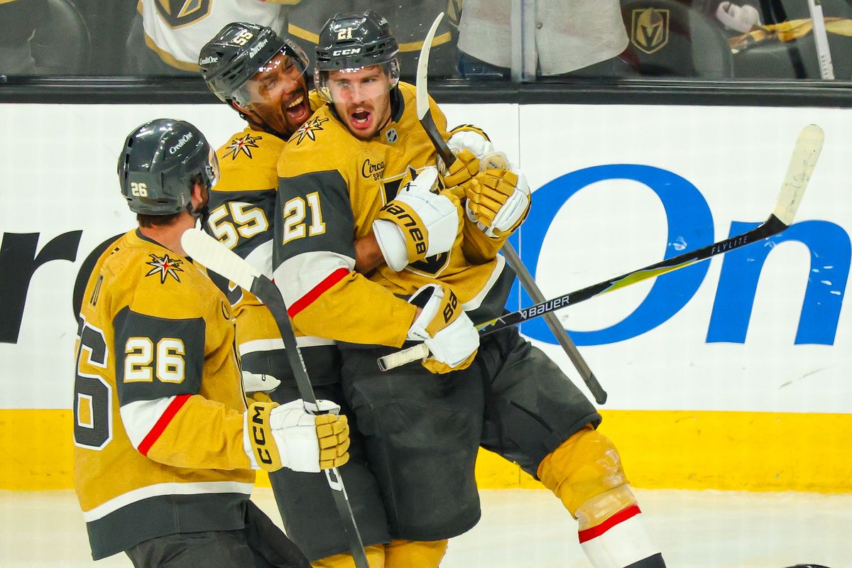 Vegas Golden Knights F Brett Howden (21) celebrates after he scored the game winning goal against the Utah Mammoth in Round 1 Game 5 of the Stanley Cup Playoffs on Wednesday, April 29, 2026, in Las Vegas, Nevada. Vegas Golden Knights F Brett Howden (21) celebrates after he scored the game winning goal against the Utah Mammoth in Round 1 Game 5 of the Stanley Cup Playoffs on Wednesday, April 29, 2026, in Las Vegas, Nevada.