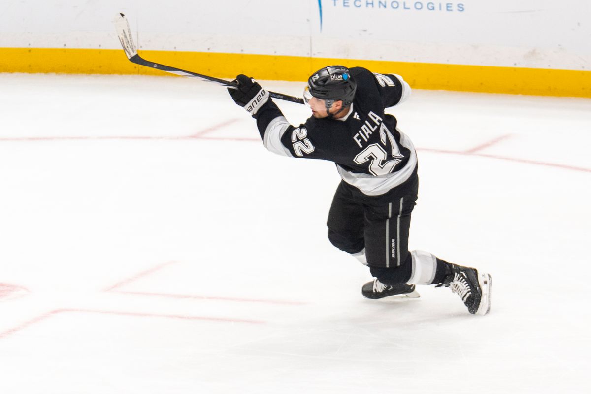 Los Angeles Kings left wing Kevin Fiala (22) fires at the net during an NHL hockey game against the Seattle Kraken, Monday April 7, 2025 in Los Angeles, California Los Angeles Kings left wing Kevin Fiala (22) fires at the net during an NHL hockey game against the Seattle Kraken, Monday April 7, 2025 in Los Angeles, California