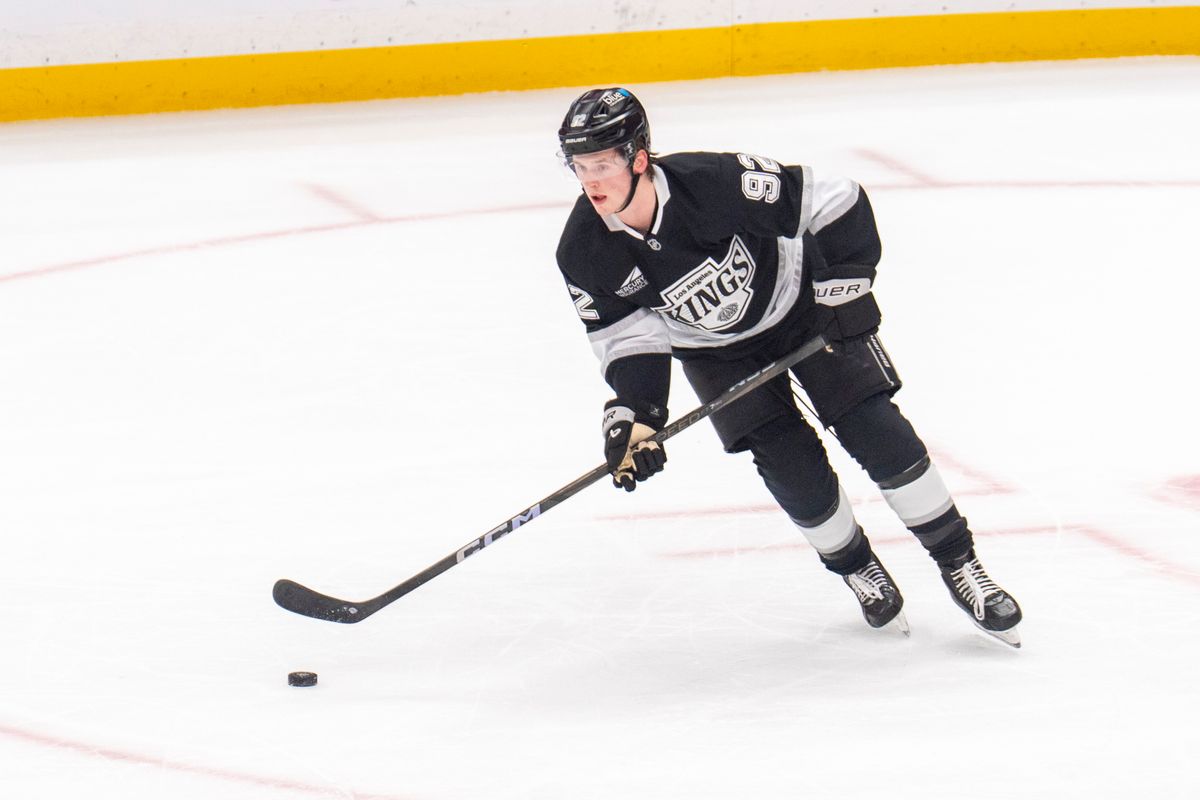 Los Angeles Kings defenseman Brandt Clarke (92) slows down the pace during an NHL hockey game against the Seattle Kraken, Monday April 7, 2025 in Los Angeles, California Los Angeles Kings defenseman Brandt Clarke (92) slows down the pace during an NHL hockey game against the Seattle Kraken, Monday April 7, 2025 in Los Angeles, California