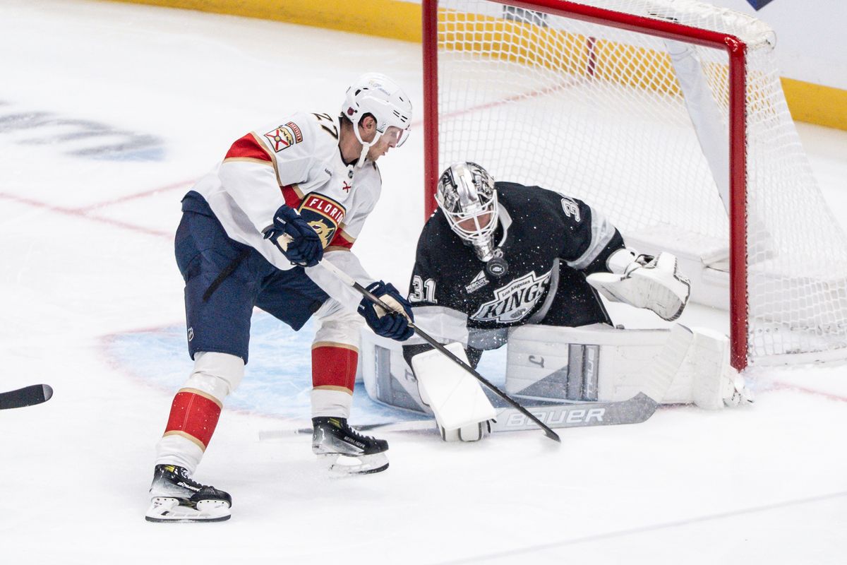 Los Angeles Kings Goalie Anton Forsberg (31) makes an incredible save during an NHL hockey game against the Florida Panthers, Thursday November 6, 2025 in Los Angeles. Los Angeles Kings Goalie Anton Forsberg (31) makes an incredible save during an NHL hockey game against the Florida Panthers, Thursday November 6, 2025 in Los Angeles.